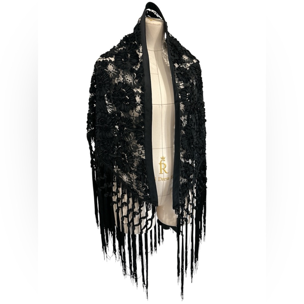 Vintage lace ribbon fringe shawl